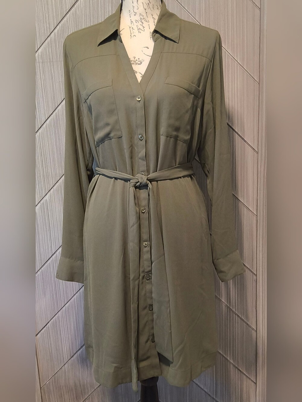 Express L Olive Green Belted Shirt Dress Roll Tab Sleeve Utility Military